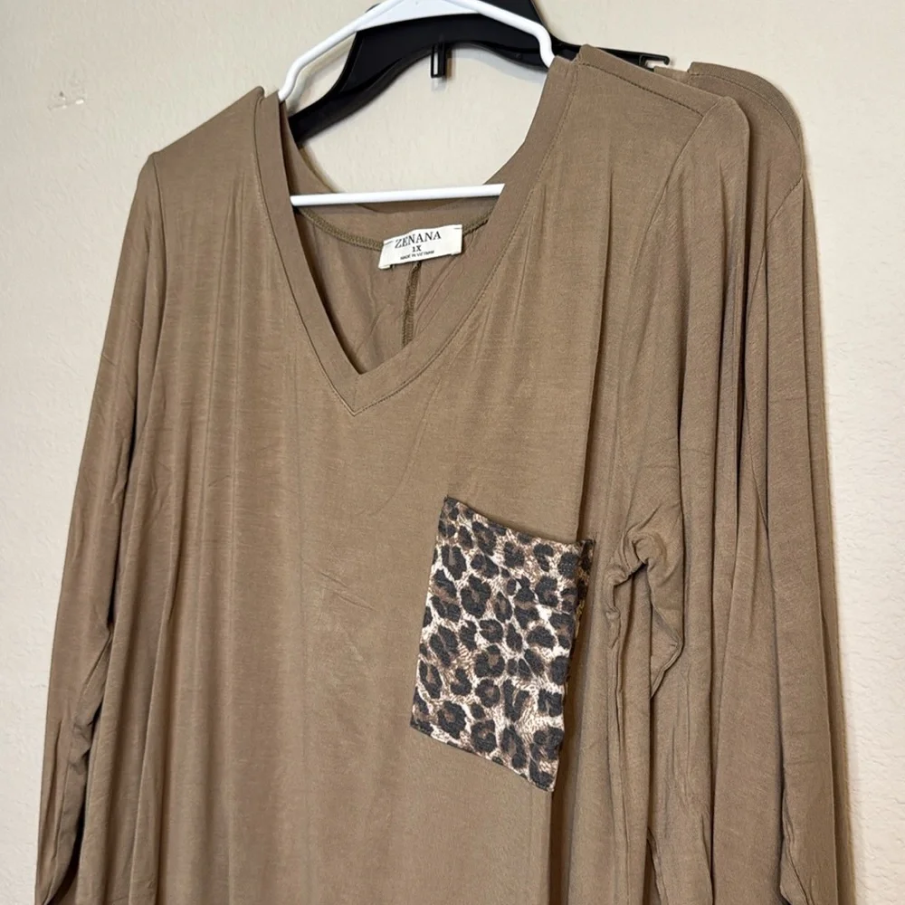 Zenana women's leopard print pocket, tan long sleeve T shirt/tunic, NWT
BOUTIQUE - Picture 4 of 5